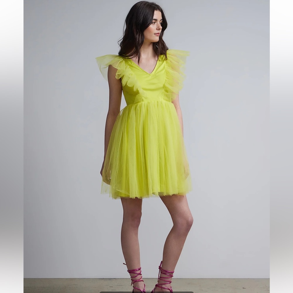NEW YORK & COMPANY COOL SAGE  RUFFLE TULLE CAP SLEEVE FLARE DRESS . LARGE .